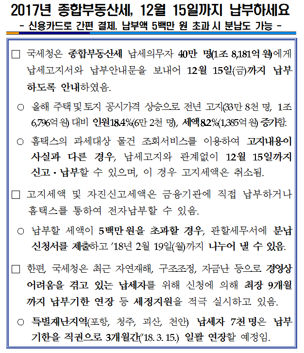 2017년 종합부동산세 12월 15일까지 납부하세요